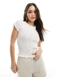 Monki Structured Knitted T-shirt With Ruffle Hem In White For Women -Monki Shop 208082719 1 white 1