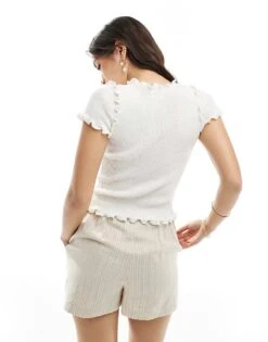 Monki Structured Knitted T-shirt With Ruffle Hem In White For Women -Monki Shop 208082719 3