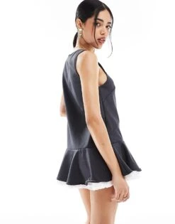 Monki Mini Dress With Lace Trim In Grey For Women Light Grey -Monki Shop 208082732 2