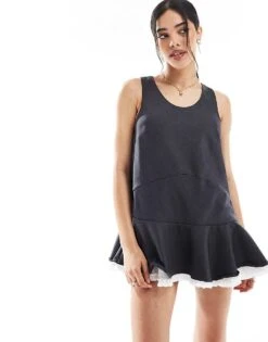 Monki Mini Dress With Lace Trim In Grey For Women Light Grey -Monki Shop 208082732 4