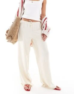 Monki Satin Wide Leg Pull On Trousers In Beige For Women