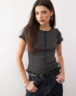 Monki Structured Knitted T-shirt With Ruffle Hem In Dark Grey For Women -Monki Shop 208082902 1 grey 1