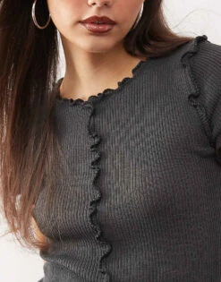 Monki Structured Knitted T-shirt With Ruffle Hem In Dark Grey For Women -Monki Shop 208082902 3