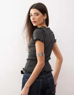 Monki Structured Knitted T-shirt With Ruffle Hem In Dark Grey For Women -Monki Shop 208082902 4