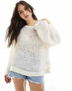 Monki Open Knit Jumper With Tie Sides In White For Women