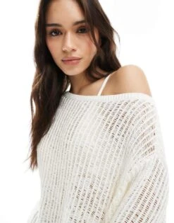 Monki Open Knit Jumper With Tie Sides In White For Women -Monki Shop 208082945 3
