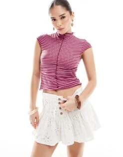 Monki Sheer Slim Fit Ribbed T-shirt In Burgundy Stripe For Women -Monki Shop 208082997 1 burgundy 1