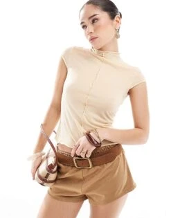 Monki Sheer Slim Fit Ribbed T-shirt In Butter Yellow For Women -Monki Shop 208083006 1 yellow 1