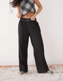 Monki Wide Leg Trouser With Boxer Waistband In Black For Women