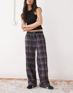 Monki Wide Leg Trouser With Boxer Waistband In Blue Check For Women -Monki Shop 208105023 1 blue 1