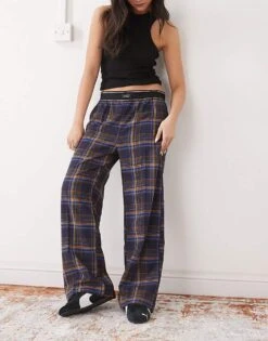 Monki Wide Leg Trouser With Boxer Waistband In Blue Check For Women -Monki Shop 208105023 3