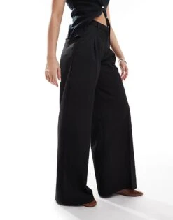 Monki High Waist Wide Leg Trousers With Front Pleat In Black For Women -Monki Shop 208133878 1 black 1