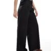 Monki High Waist Wide Leg Trousers With Front Pleat In Black For Women