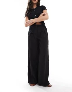 Monki High Waist Wide Leg Trousers With Front Pleat In Black For Women -Monki Shop 208133878 4