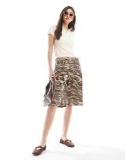 Monki Carpenter Jorts In Beige Tiger Print For Women