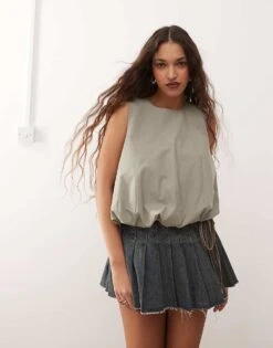 Monki Poplin Bubble Top In Khaki For Women