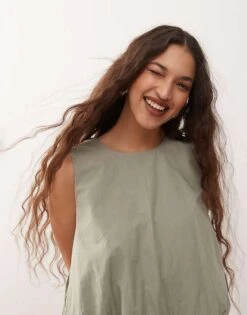 Monki Poplin Bubble Top In Khaki For Women -Monki Shop 208134430 3