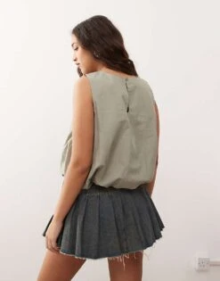 Monki Poplin Bubble Top In Khaki For Women -Monki Shop 208134430 4