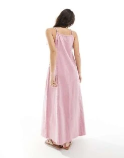 Monki Denim Cami Maxi Dress With Front Split In Pink For Women -Monki Shop 208134567 3