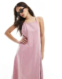 Monki Denim Cami Maxi Dress With Front Split In Pink For Women -Monki Shop 208134567 4