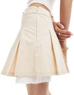 Monki Pleated Mini Skirt With White Layered Raw Hem Detail In Beige For Women -Monki Shop 208134889 2