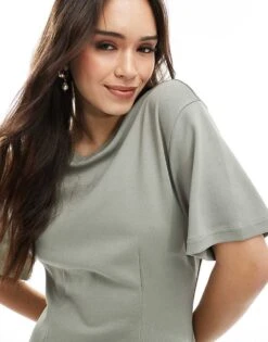 Monki T-shirt Dress With Cinched Waist In Khaki For Women -Monki Shop 208134996 3