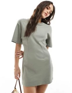 Monki T-shirt Dress With Cinched Waist In Khaki For Women -Monki Shop 208134996 4