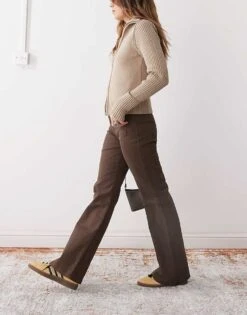 Monki Straight Leg Trousers With Front Pocket Detail In Brown For Women