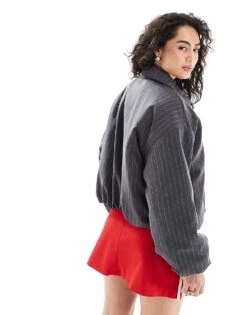 Monki Lightly Padded Bomber Jacket In Grey Pinstripe For Women -Monki Shop 208162393 3