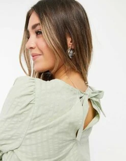 Monki Maria Cotton Blouse With Peplum Hem In Sage Green - MGREEN For Women -Monki Shop 22772860 3