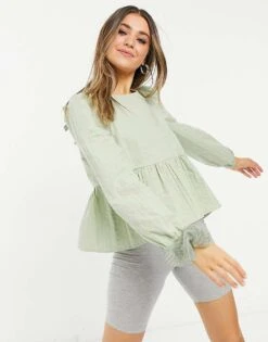 Monki Maria Cotton Blouse With Peplum Hem In Sage Green - MGREEN For Women -Monki Shop 22772860 4
