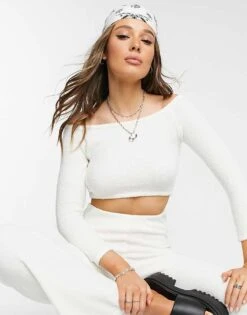 Monki Fia Fluffy Knitted Co-ord Cropped Top In White - WHITE For Women