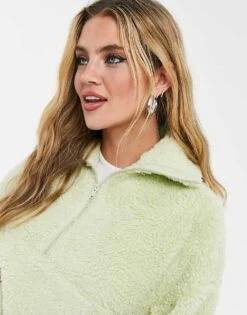 Monki Amalia Fleece Sweatshirt With Zip Funnel Neck In Sage Green - MGREEN For Women