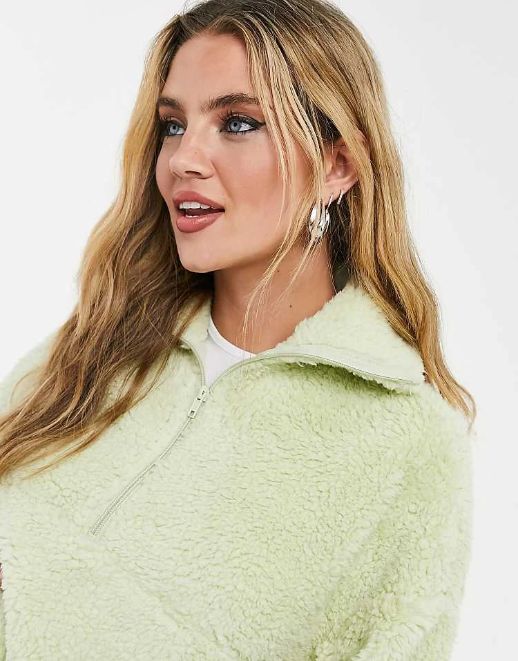 Monki Amalia Fleece Sweatshirt With Zip Funnel Neck In Sage Green - MGREEN For Women