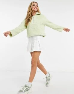 Monki Amalia Fleece Sweatshirt With Zip Funnel Neck In Sage Green - MGREEN For Women -Monki Shop 23047201 4
