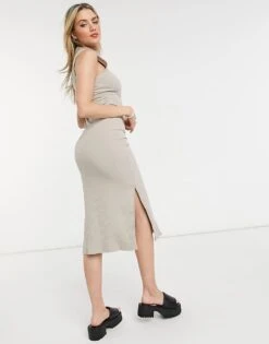 Monki Lorene Cotton Ribbed Racer Midi Dress In Taupe - BEIGE For Women -Monki Shop 23228867 2