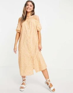 Monki Noa Bardot Puff Sleeve Midi Dress In Peach Floral For Women -Monki Shop 23979661 1 floral 1