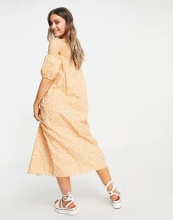 Monki Noa Bardot Puff Sleeve Midi Dress In Peach Floral For Women -Monki Shop 23979661 2