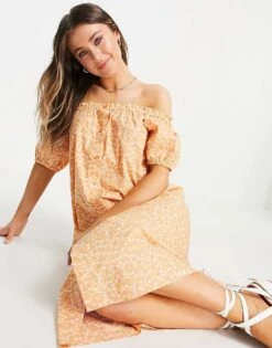 Monki Noa Bardot Puff Sleeve Midi Dress In Peach Floral For Women -Monki Shop 23979661 3
