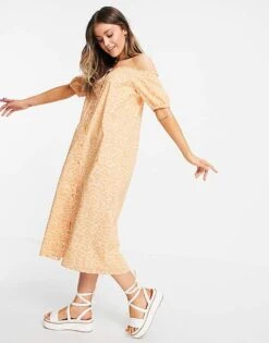 Monki Noa Bardot Puff Sleeve Midi Dress In Peach Floral For Women -Monki Shop 23979661 4