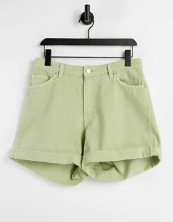 Monki Tallie Cotton Denim Shorts In Khaki - MGREEN For Women